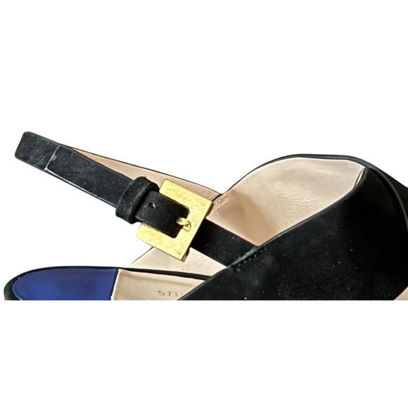 Stuart Weitzman Black Suede Platform Heels Gold Buckle NIB 9 - Picture 3 of 14